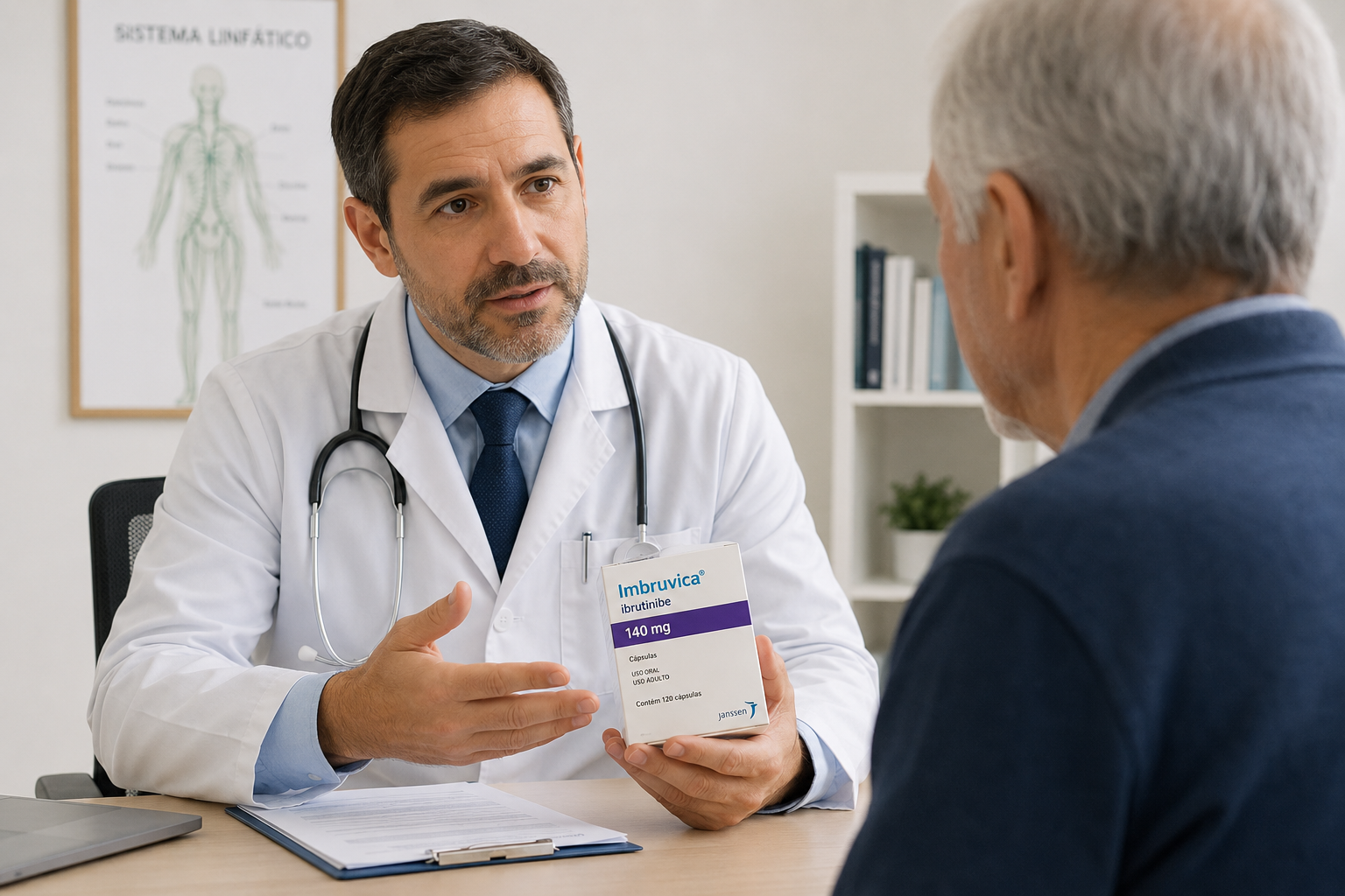 Paciente recebendo orientações médicas sobre tratamento hematológico com Ibruvica